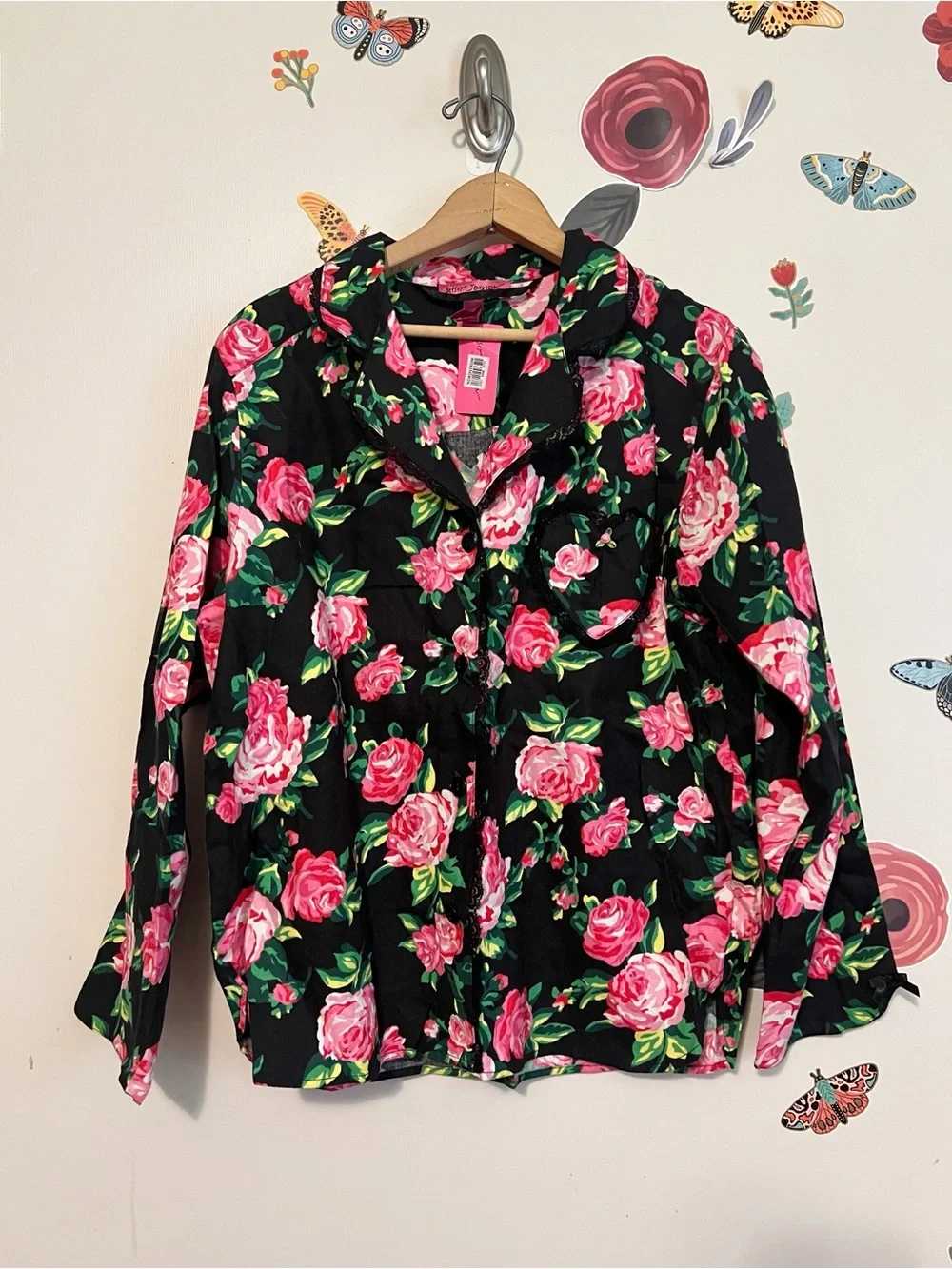 Betsey Johnson Flannel Pajama Top with Heart Pocket & Pink Rose Print